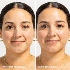 Skin before and after applying Solar Milk SPF 50 sunscreen for a dewy glow