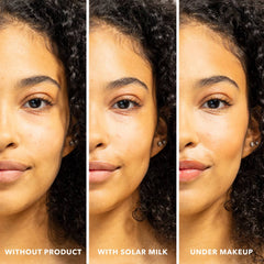 Skin before Solar Milk with Solar Milk applied and under makeup side by side comparison