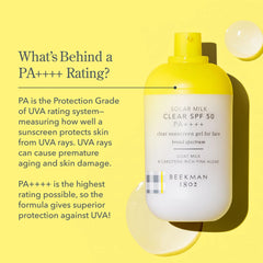 Explanation of PA++++ UVA protection rating on Solar Milk Clear SPF 50 sunscreen bottle