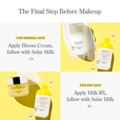 Skincare routine steps pairing Bloom Cream or Milk RX with Solar Milk SPF 50 before makeup