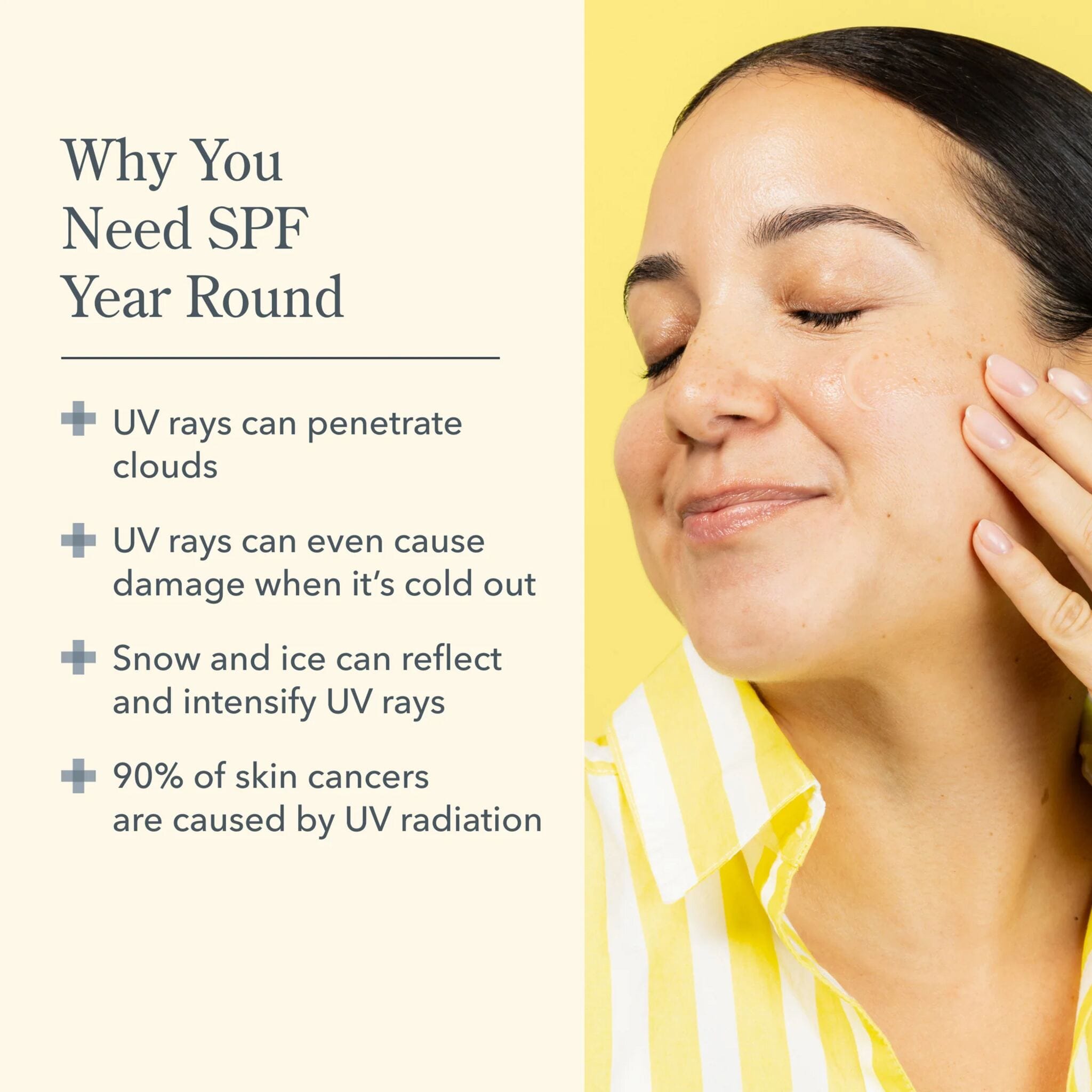 Reasons to wear SPF year round including UV damage from clouds cold and snow