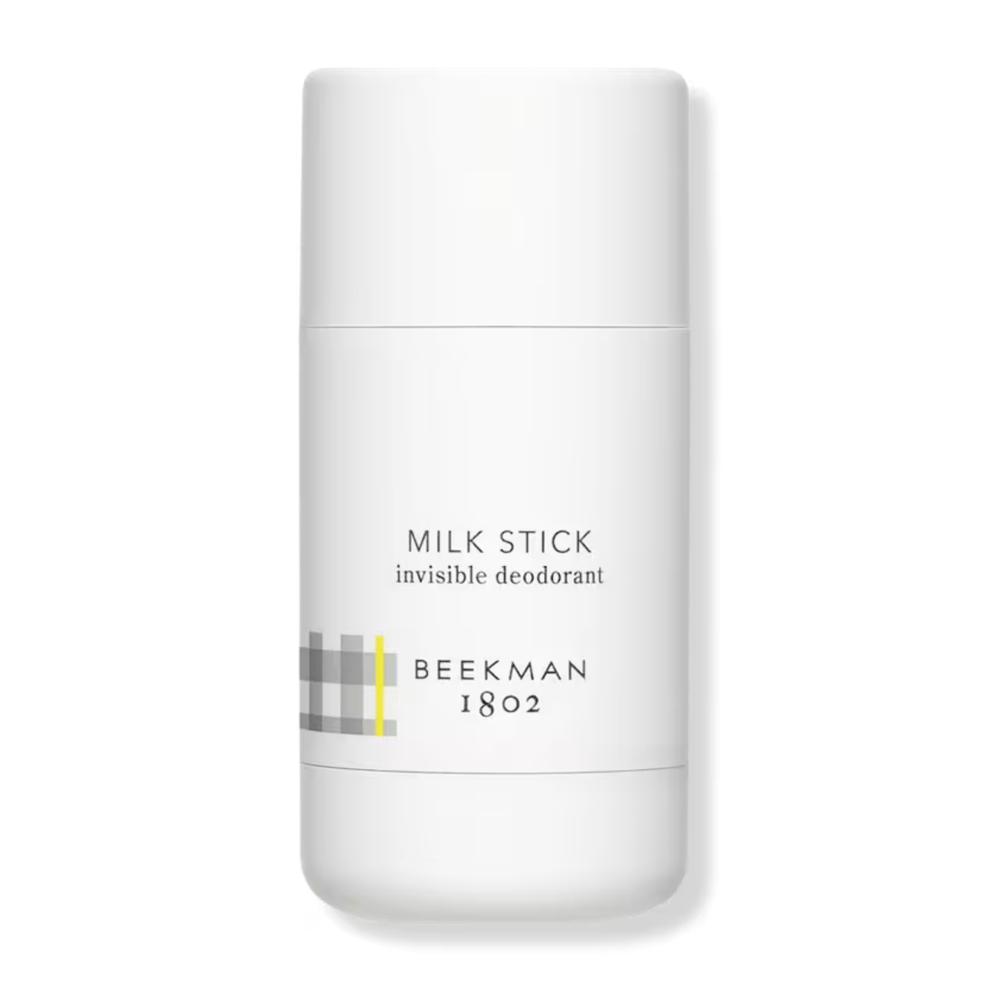 Beekman 1802 Milk Stick invisible deodorant in white stick packaging with gray plaid label