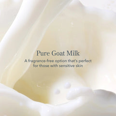 Pure goat milk splash showing fragrance-free formula for sensitive skin