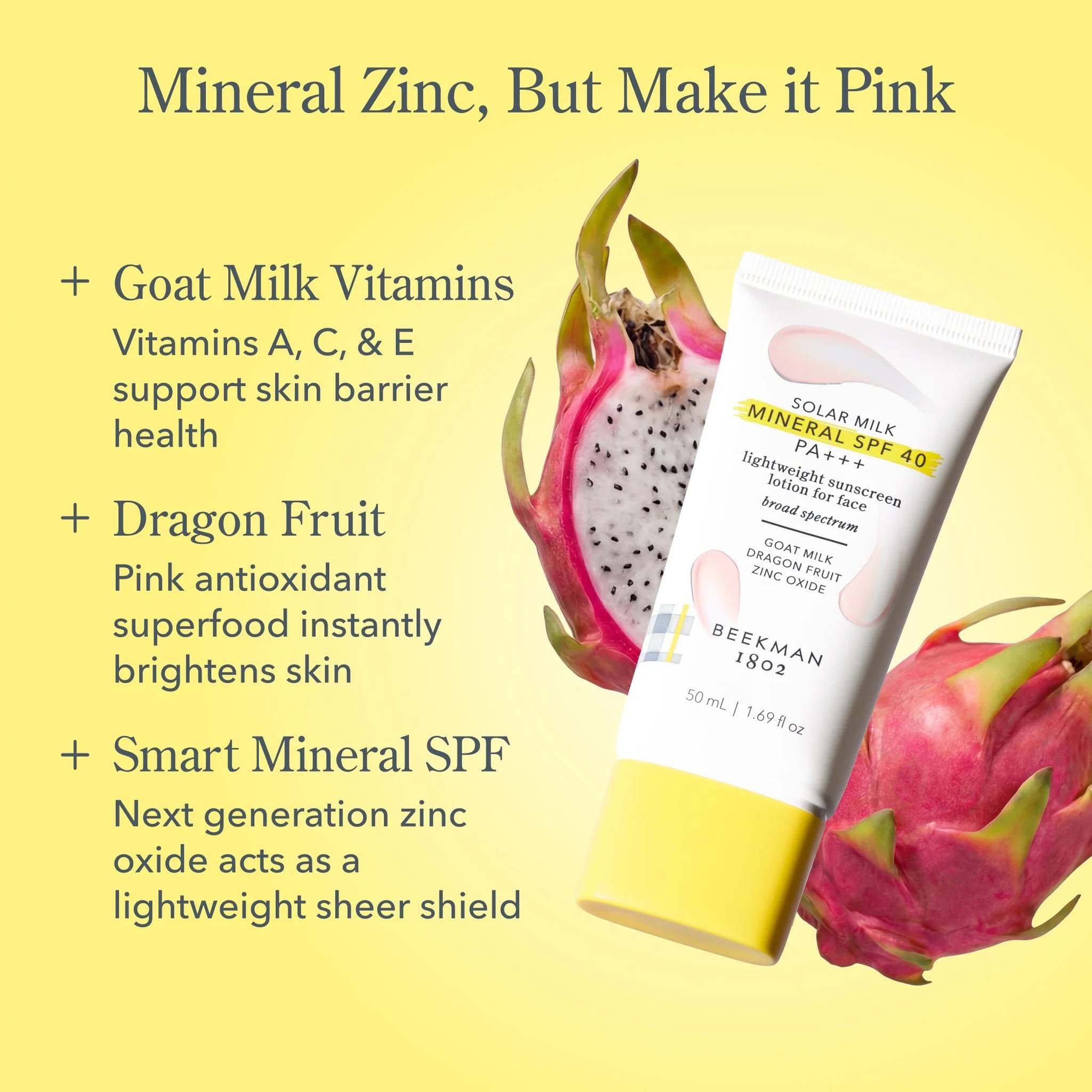 Goat milk and dragon fruit ingredients in Solar Milk mineral sunscreen