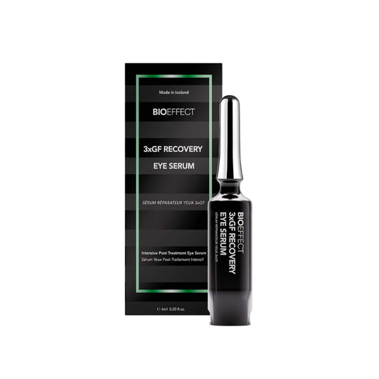BIOEFFECT 3xGF Recovery Eye Serum 6ml black dropper bottle with dark striped box on white background