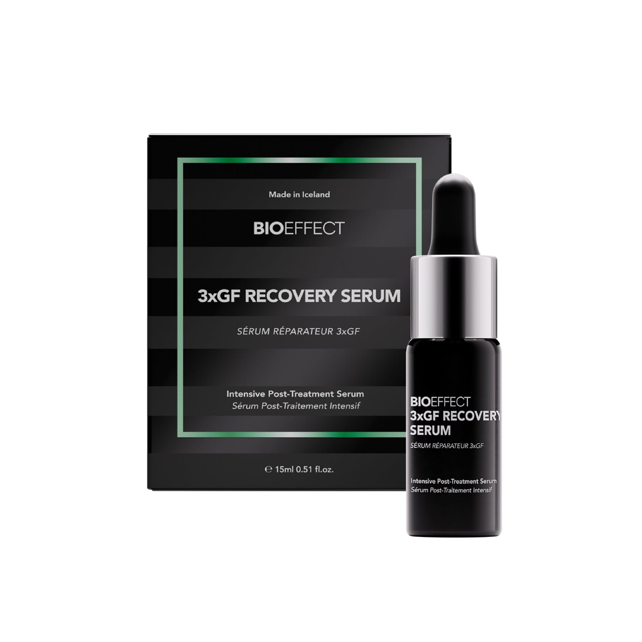 BIOEFFECT 3xGF Recovery Serum 15ml black dropper bottle with dark striped box intensive post-treatment serum on white background