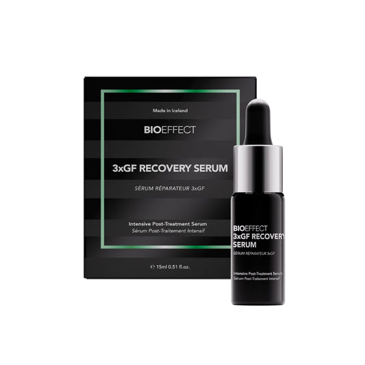 BIOEFFECT 3xGF Recovery Serum 15ml black dropper bottle with dark striped box intensive post-treatment serum on white background