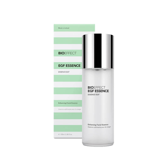 BIOEFFECT EGF Essence enhancing facial essence 100ml frosted bottle with mint green striped box on white background
