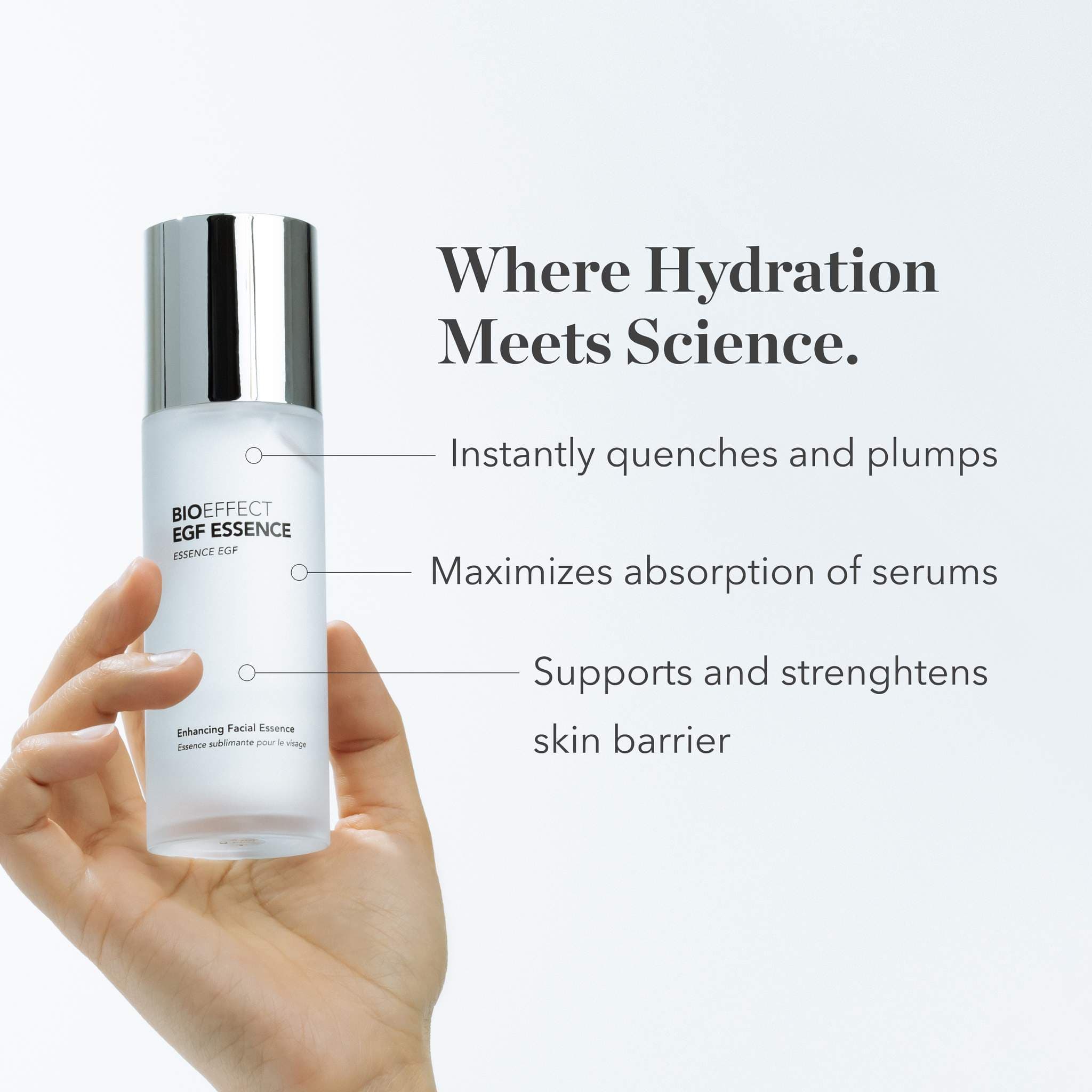 BIOEFFECT EGF Essence bottle held in hand with key benefits: quenches and plumps skin maximizes serum absorption and strengthens skin barrier