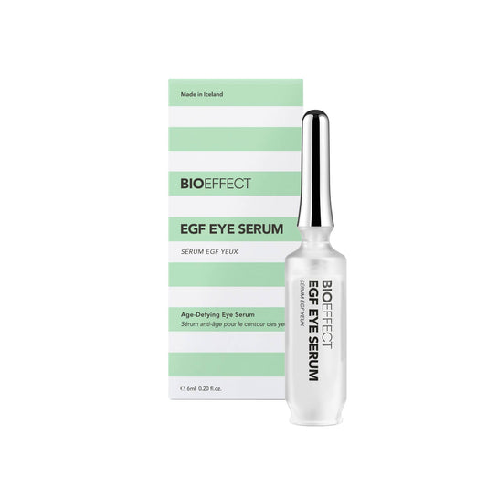BioEffect EGF Eye Serum 6ml roller bottle with green striped box age-defying eye serum made in Iceland