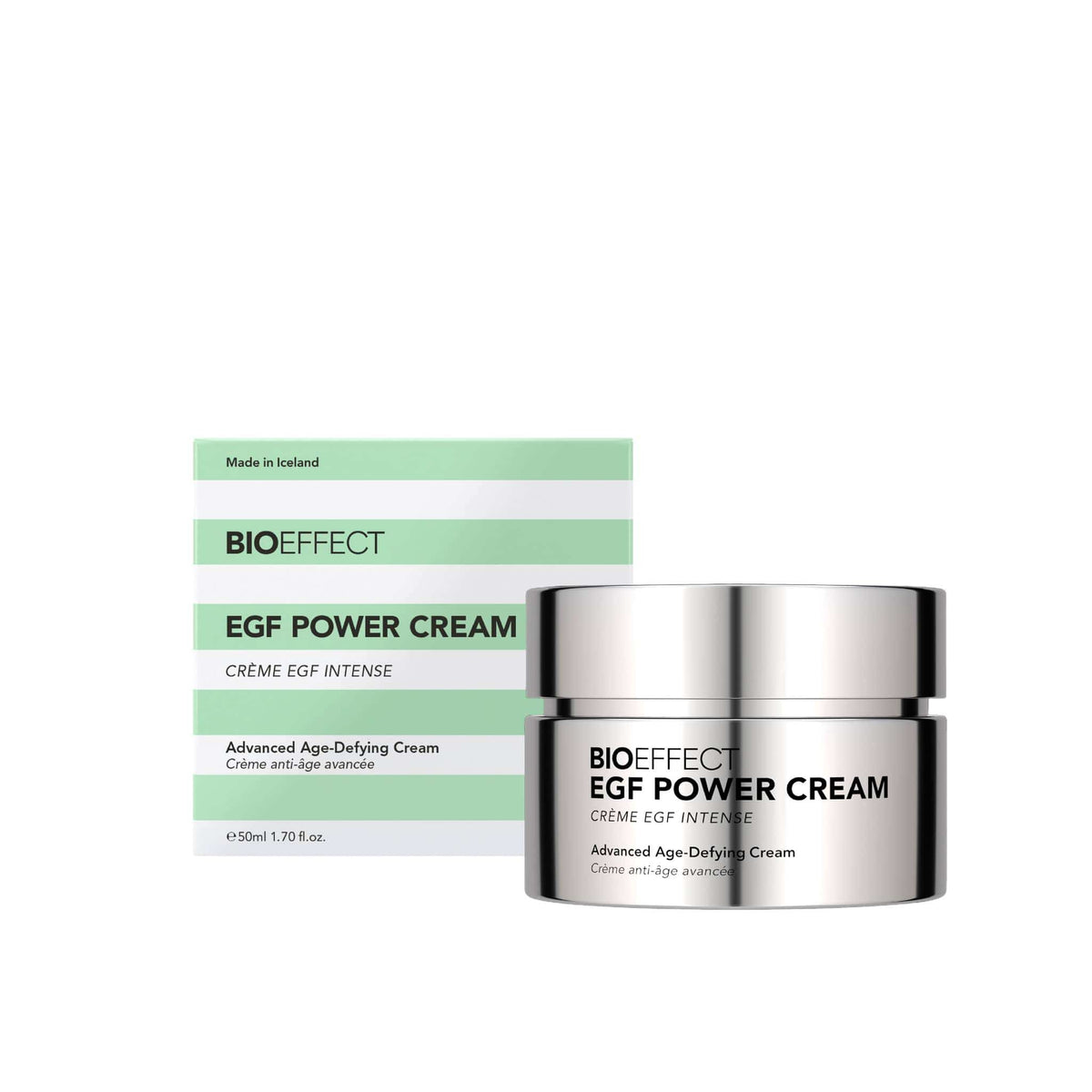 BIOEFFECT EGF Power Cream 50ml silver jar with mint green striped box on white background