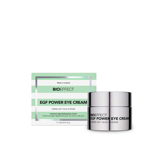 BioEffect EGF Power Eye Cream 15ml silver jar with green striped box intensive age-defying eye cream made in Iceland