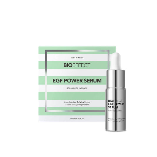 BIOEFFECT EGF Power Serum 15ml dropper bottle with striped mint green gift box on white background