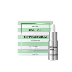 BIOEFFECT EGF Power Serum 15ml dropper bottle with striped mint green gift box on white background