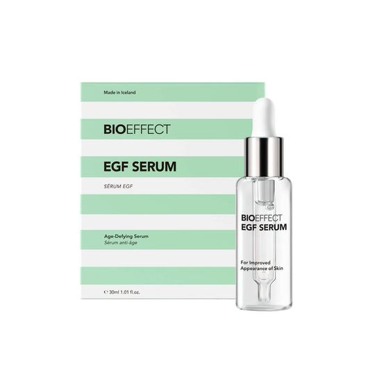 BioEffect EGF Serum 30ml dropper bottle with green striped box age-defying serum made in Iceland