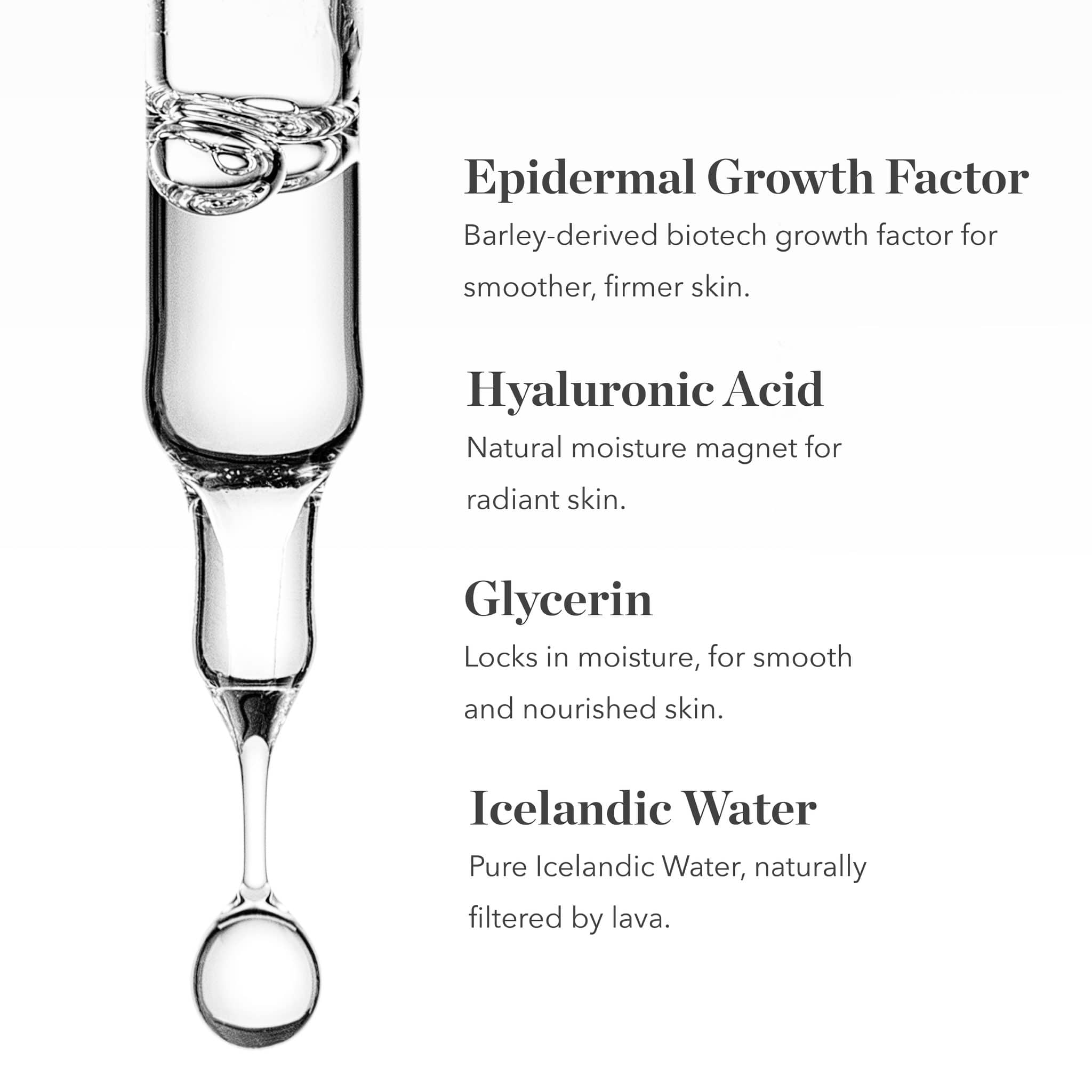BioEffect EGF Serum key ingredients epidermal growth factor hyaluronic acid glycerin and Icelandic water