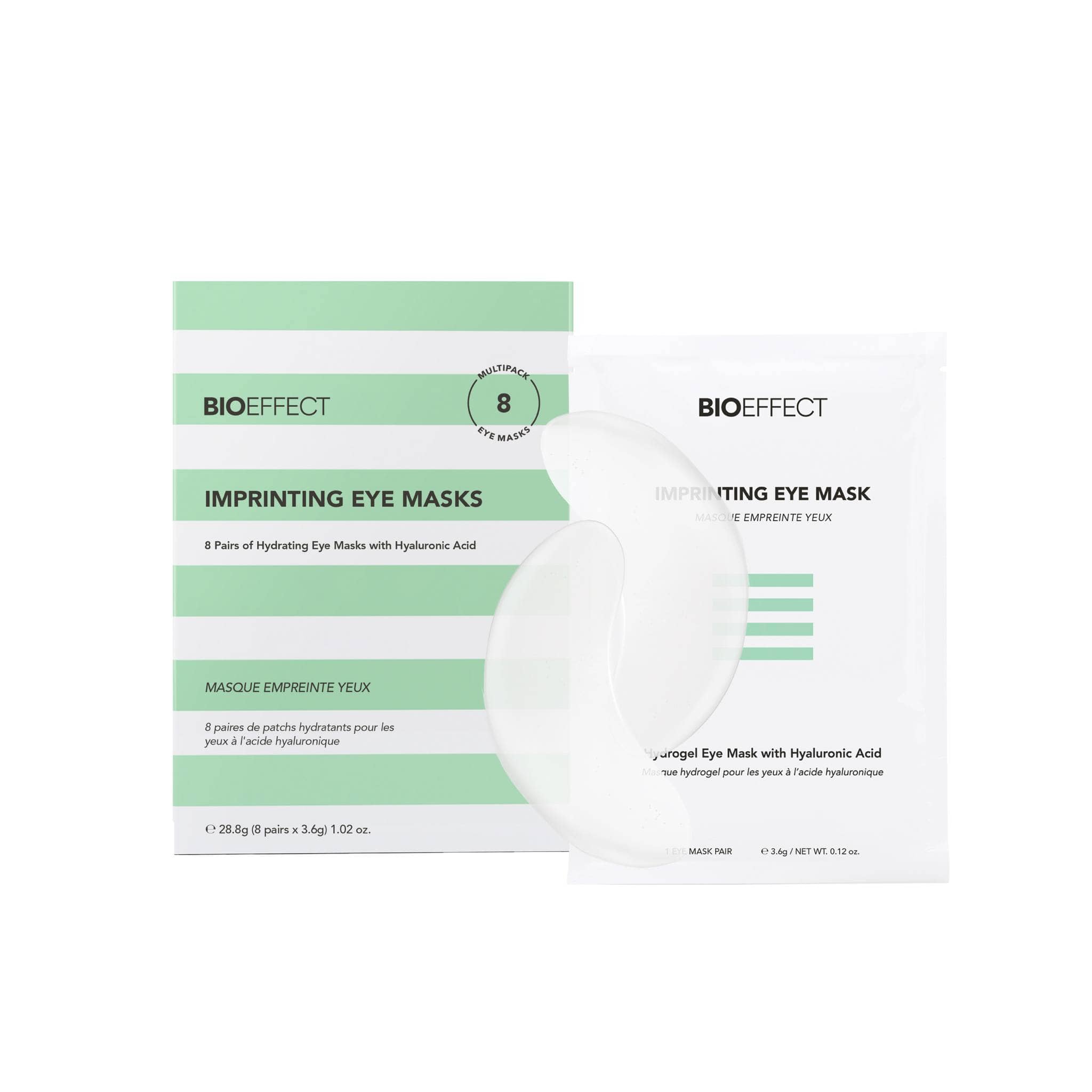 BIOEFFECT Imprinting Eye Masks 8-pair multipack box with single packet and hydrogel under-eye patch on white background
