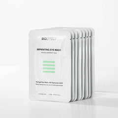 Eight BIOEFFECT Imprinting Eye Mask individual packets stacked showing full multipack of hyaluronic acid hydrogel under-eye masks