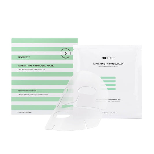 BIOEFFECT Imprinting Hydrogel Mask 6-pack box with single packet and face mask sheet on white background
