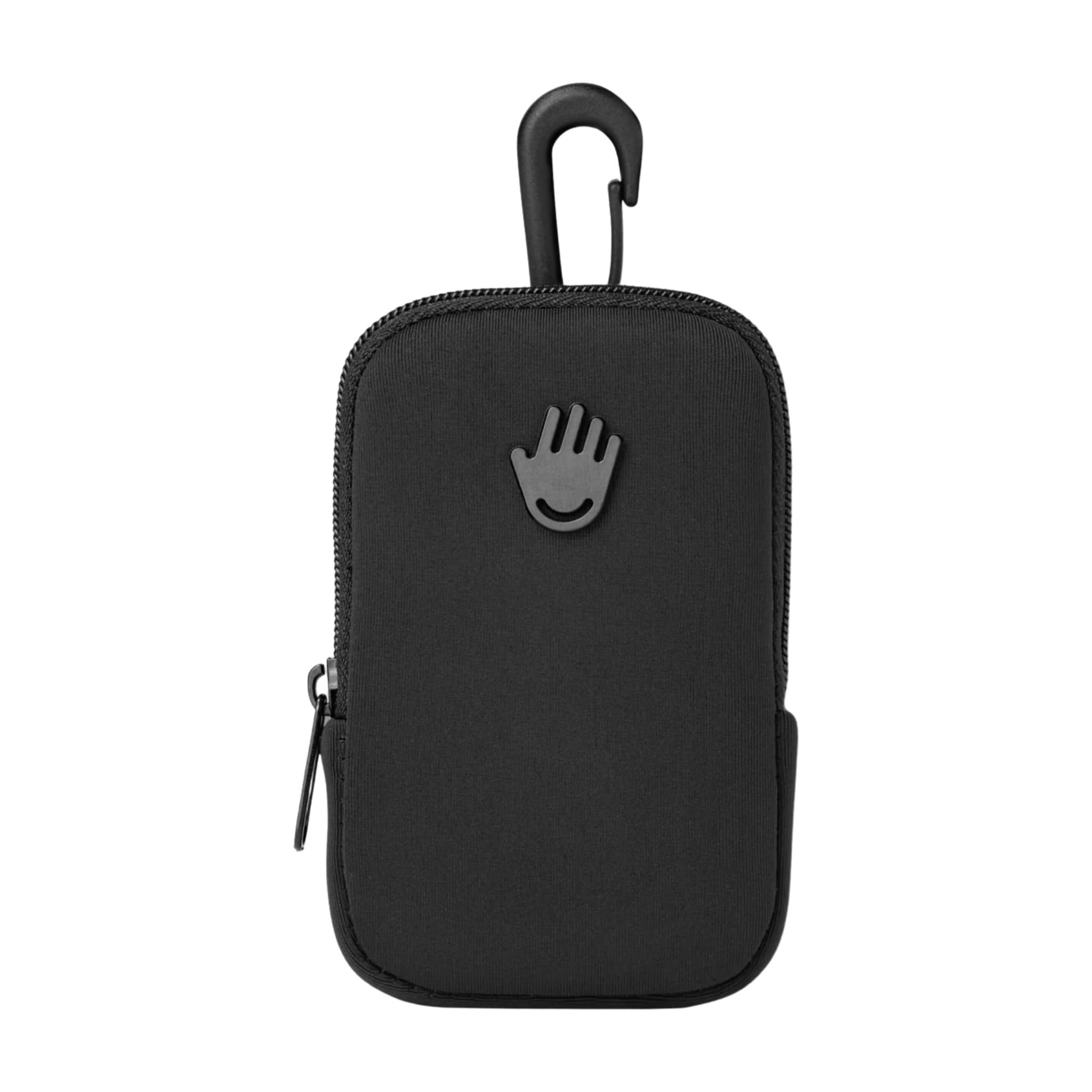 Touchland Touchette Pouch in black neoprene with smiling hand logo zipper and clip-on hook for hand sanitizer 1