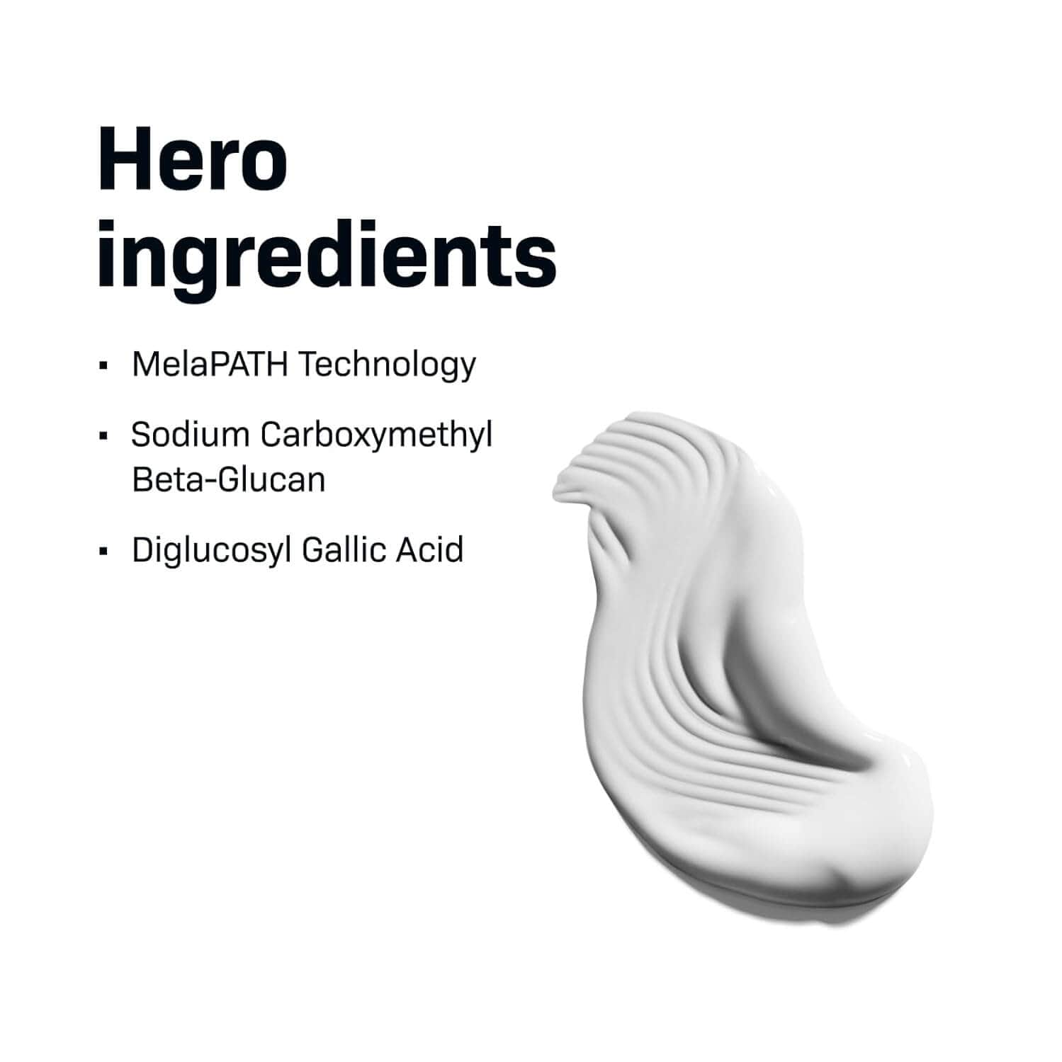 White cream swatch with listed ingredients on a white background