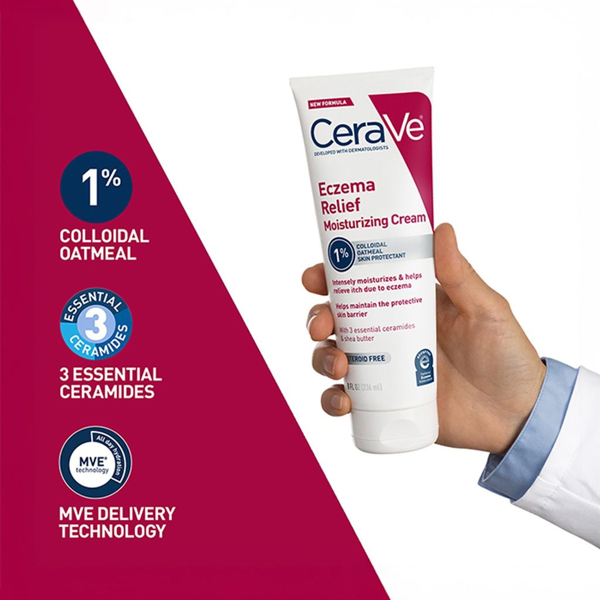 Dermatologist hand holding CeraVe Eczema Relief Moisturizing Cream with colloidal oatmeal ceramides and MVE technology