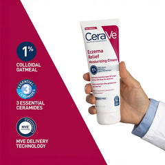 Dermatologist hand holding CeraVe Eczema Relief Moisturizing Cream with colloidal oatmeal ceramides and MVE technology
