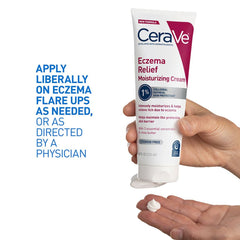 Dispensing CeraVe Eczema Relief Moisturizing Cream into palm to apply liberally on eczema flare ups as needed