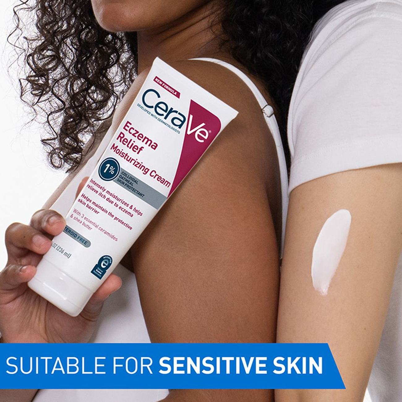 Woman holding CeraVe Eczema Relief Moisturizing Cream to shoulder with cream swatch on arm for sensitive skin