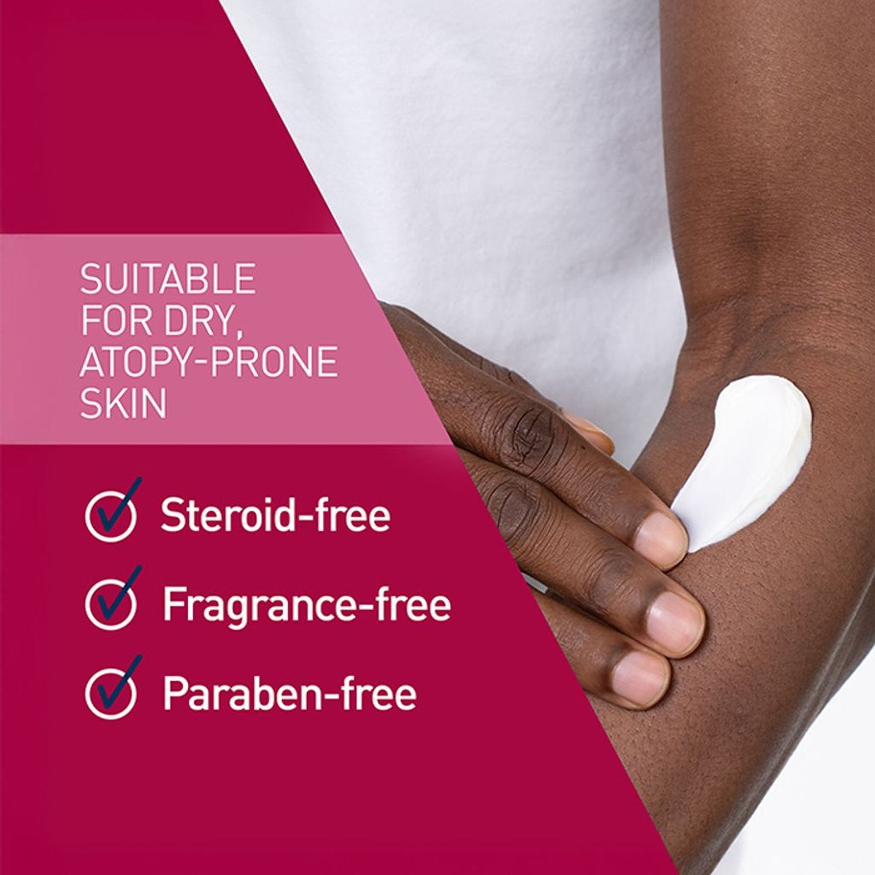 Applying CeraVe eczema cream to arm for dry atopy-prone skin with a steroid-free fragrance-free paraben-free formula