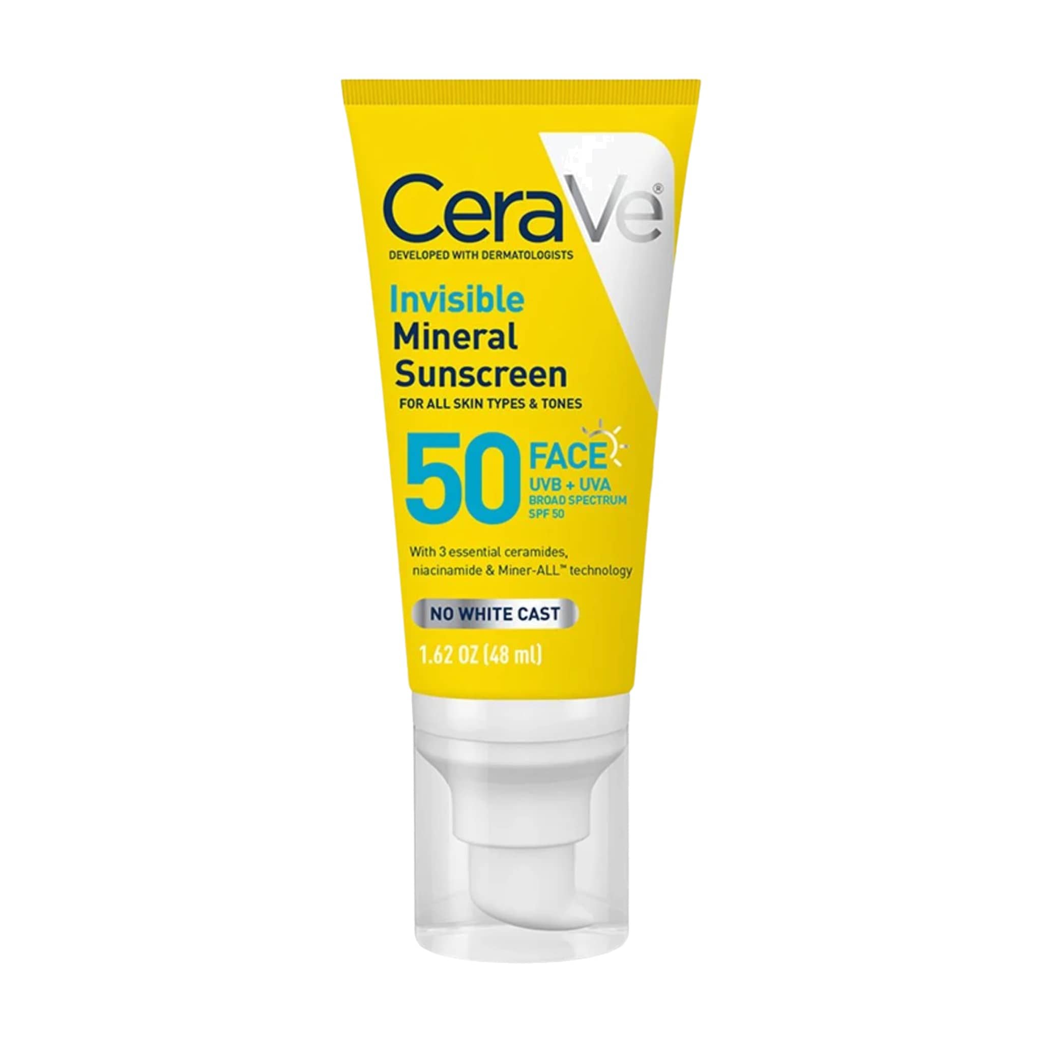 CeraVe Invisible Mineral Sunscreen SPF 50 face lotion 1.62 oz with ceramides and niacinamide for no white cast