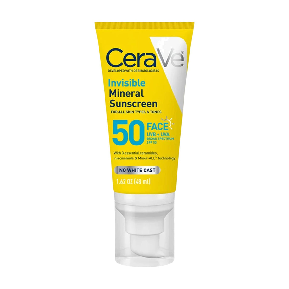 CeraVe Invisible Mineral Sunscreen SPF 50 face lotion 1.62 oz with ceramides and niacinamide for no white cast