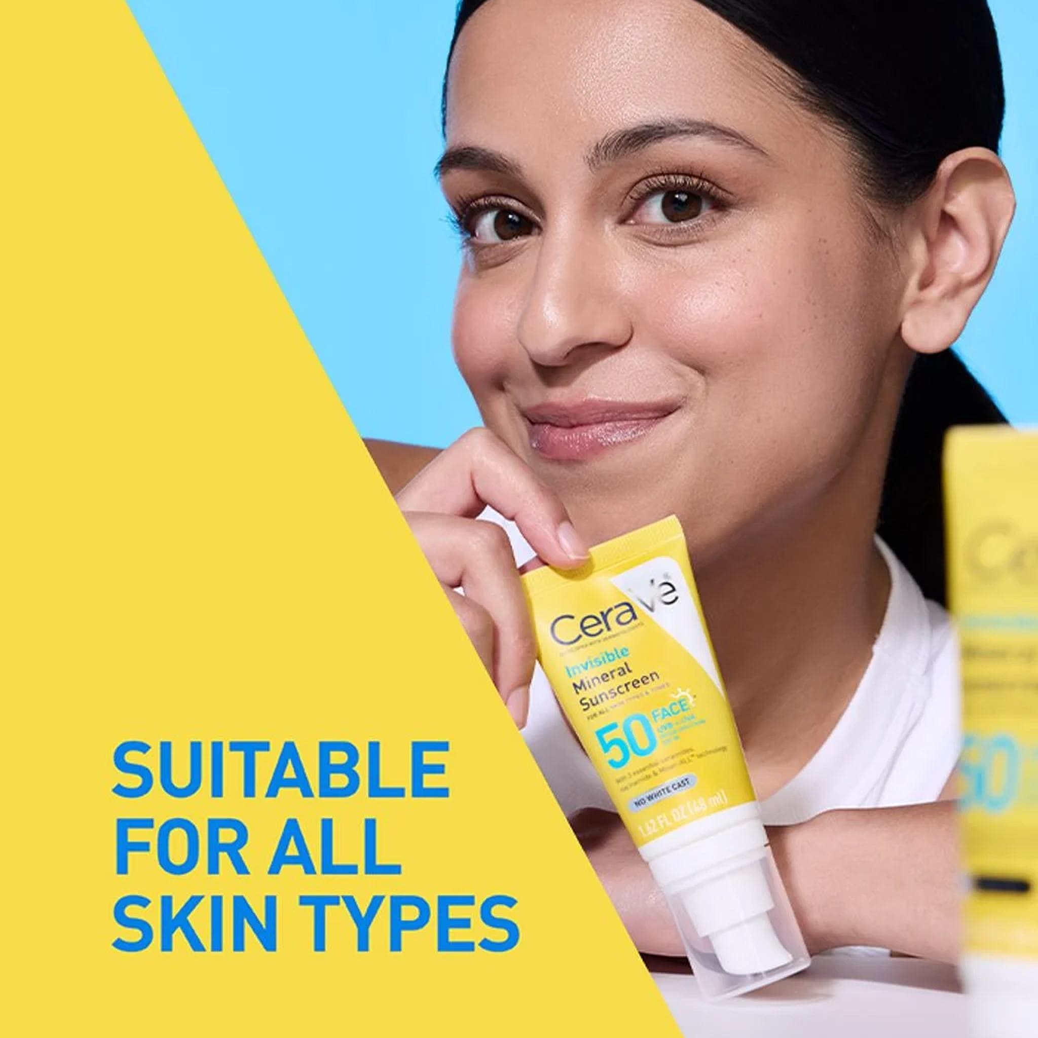 Smiling woman holding CeraVe Invisible Mineral Sunscreen SPF 50 face tube suitable for all skin types
