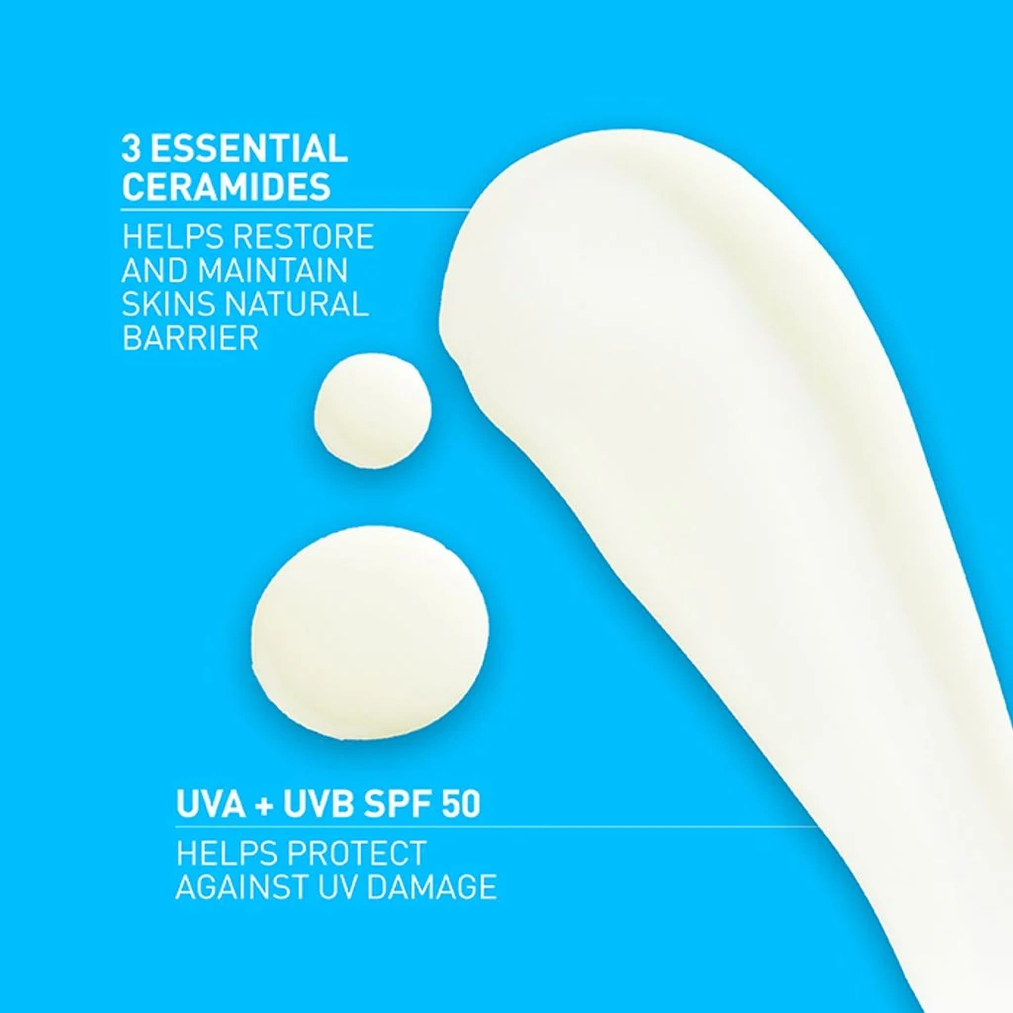 CeraVe mineral sunscreen texture swatch with 3 essential ceramides and UVA UVB SPF 50 broad spectrum protection