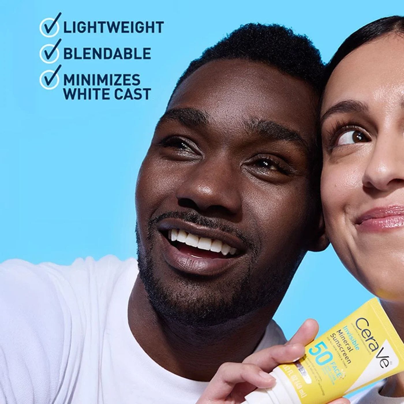Man and woman with different skin tones holding CeraVe SPF 50 mineral sunscreen that is lightweight with no white cast