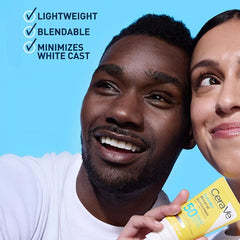 Man and woman with different skin tones holding CeraVe SPF 50 mineral sunscreen that is lightweight with no white cast