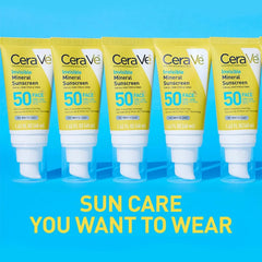 Row of CeraVe Invisible Mineral Sunscreen SPF 50 face tubes in 1.62 oz size on a bright blue background