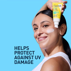 Woman applying CeraVe SPF 50 mineral face sunscreen to cheek for broad spectrum protection against UV damage