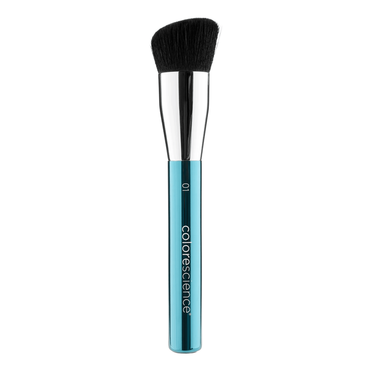 Colorescience Angled Makeup brush with black bristle head and blue handle on a white background.