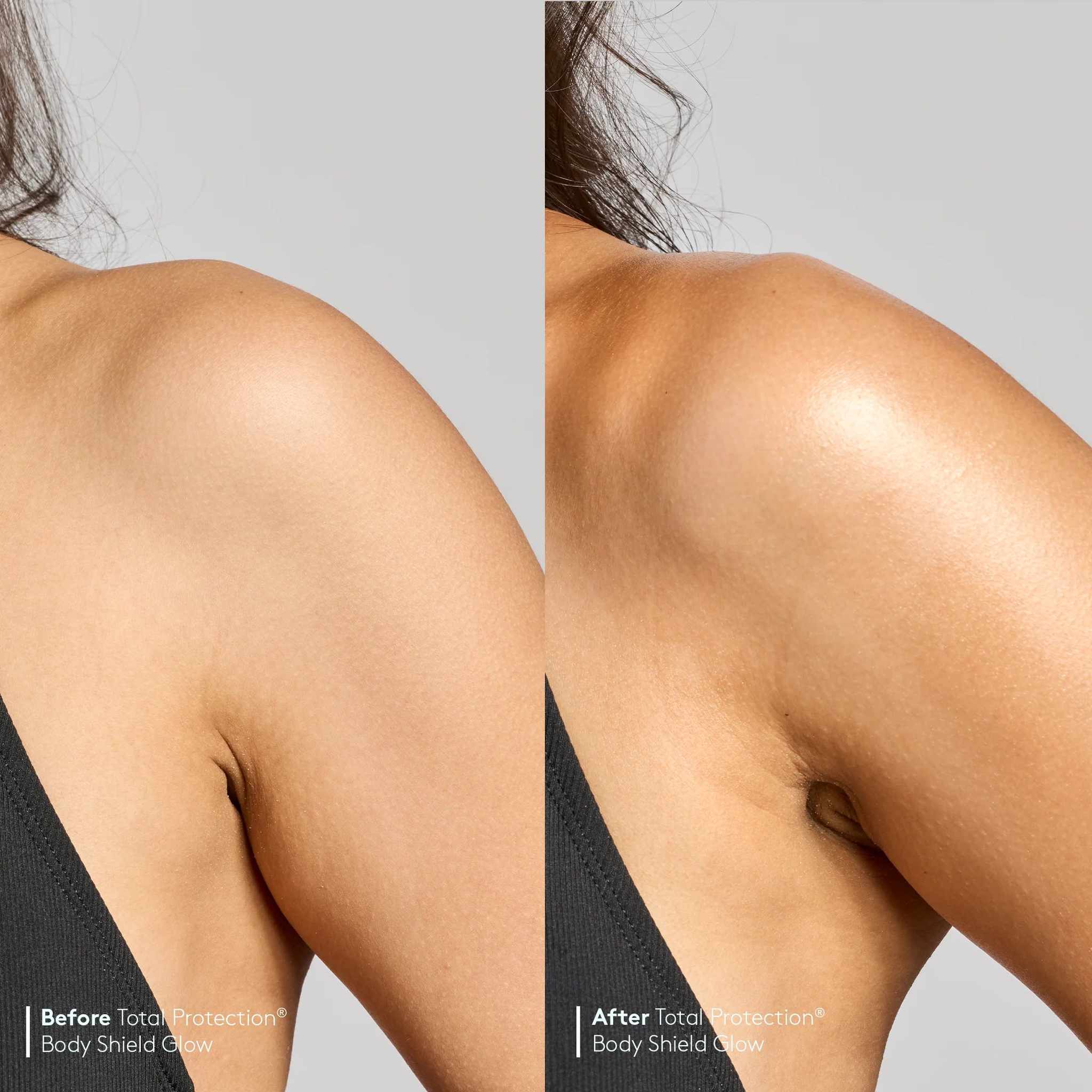 Before and after showing luminous glowing skin on shoulder after applying Colorescience Body Shield Glow SPF 50