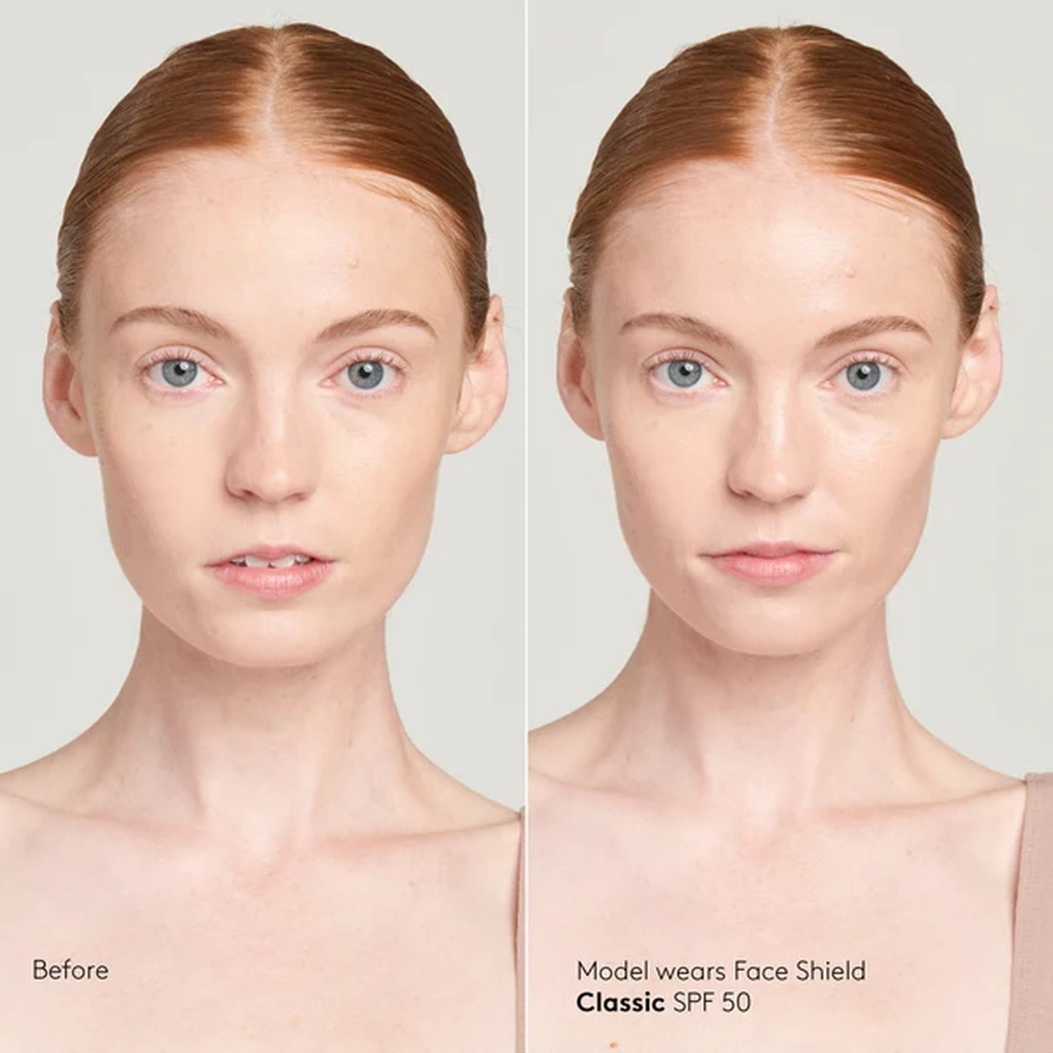 Before and after Colorescience Face Shield Classic SPF 50 on a red-haired model with fair skin for a soft natural finish