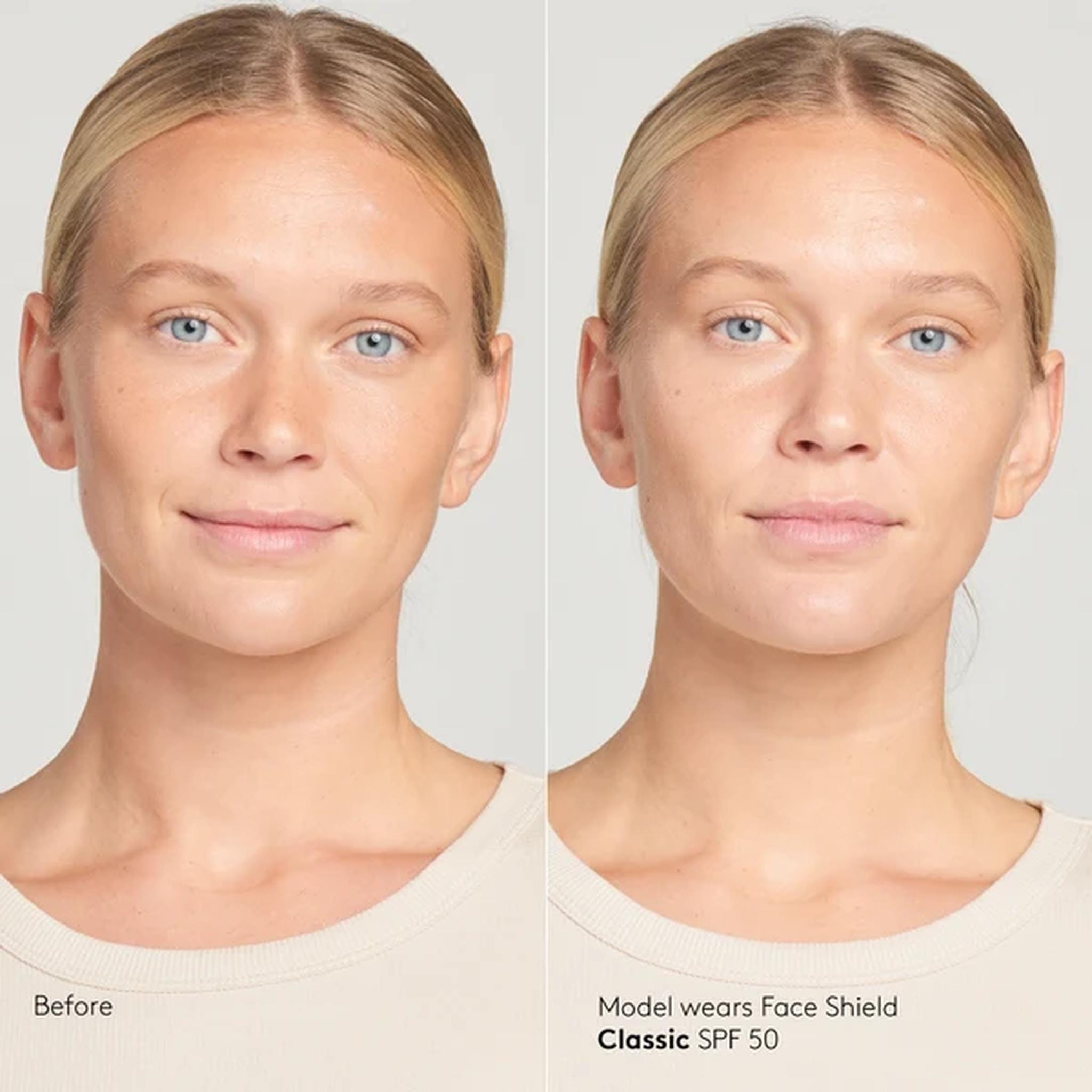 Before and after Colorescience Face Shield Classic SPF 50 on a blonde model with light skin showing an even sheer tint