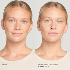 Before and after Colorescience Face Shield Classic SPF 50 on a blonde model with light skin showing an even sheer tint