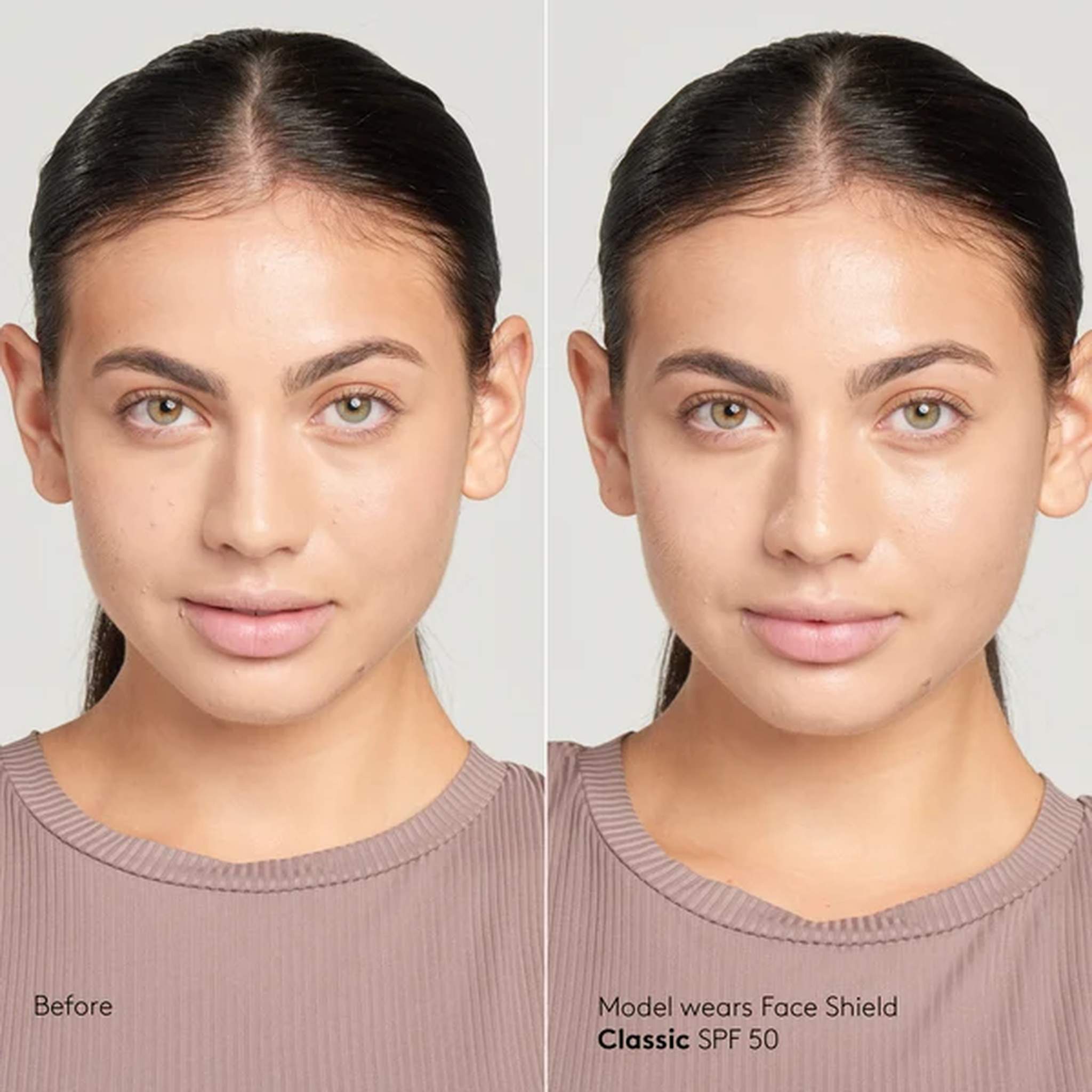 Before and after Colorescience Face Shield Classic SPF 50 on a dark-haired model with medium skin for a smooth even tone