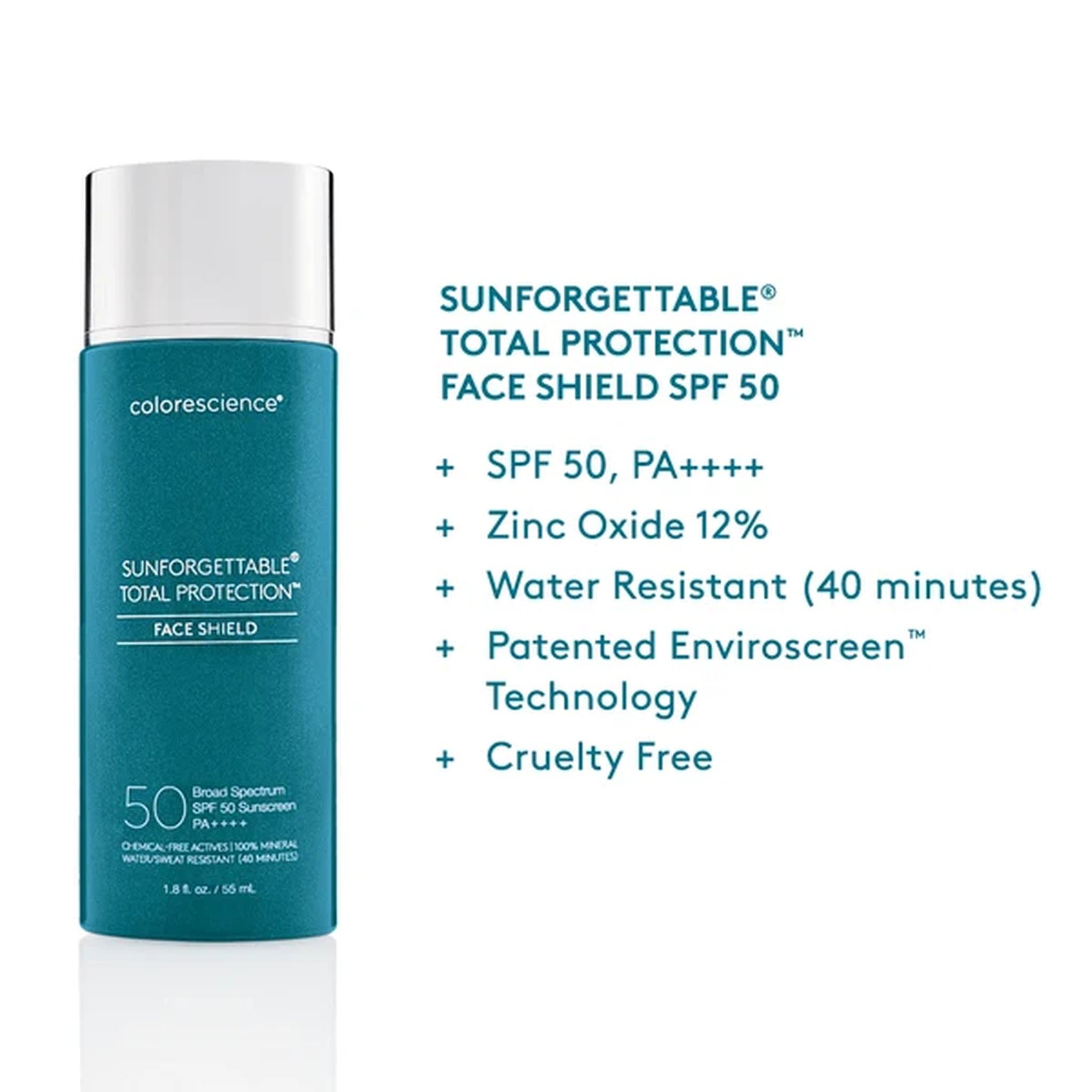 Sunforgettable Face Shield SPF 50 PA++++ benefits with 12% zinc oxide water resistance for 40 minutes and cruelty free