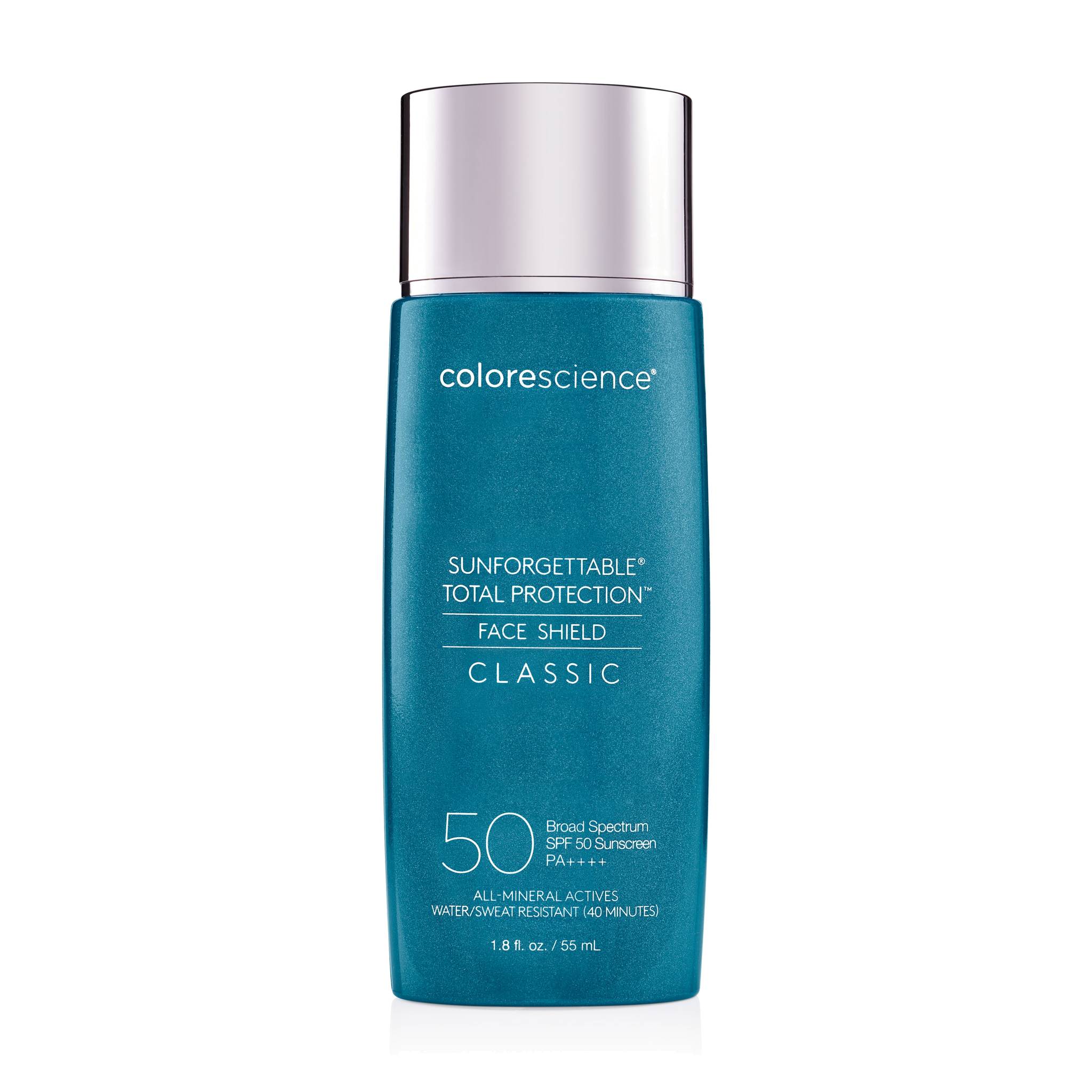 Colorescience Sunforgettable Total Protection Face Shield Classic SPF 50 mineral sunscreen in 1.8 oz teal bottle