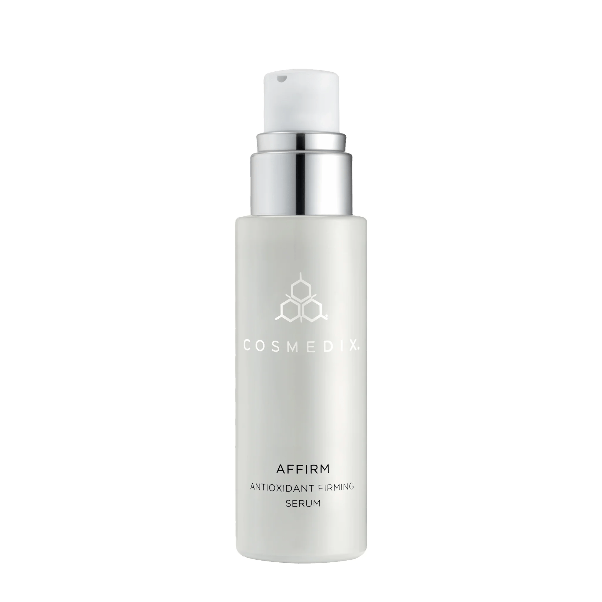 Cosmedix Affirm antioxidant firming serum pump bottle on white background