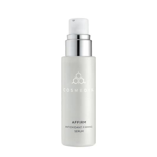 Cosmedix Affirm antioxidant firming serum pump bottle on white background