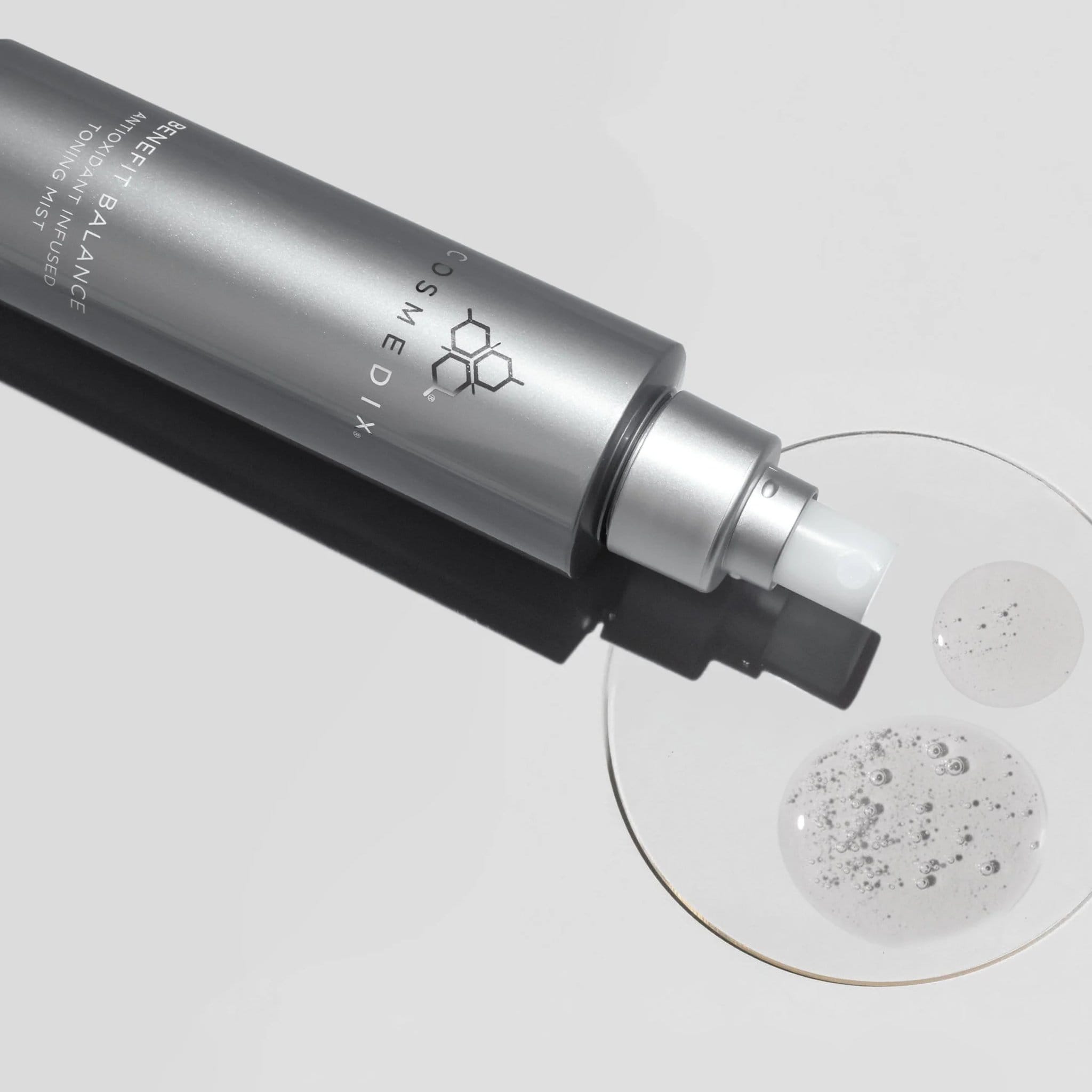 Cosmedix Benefit Balance toning mist spray nozzle with texture swatch closeup