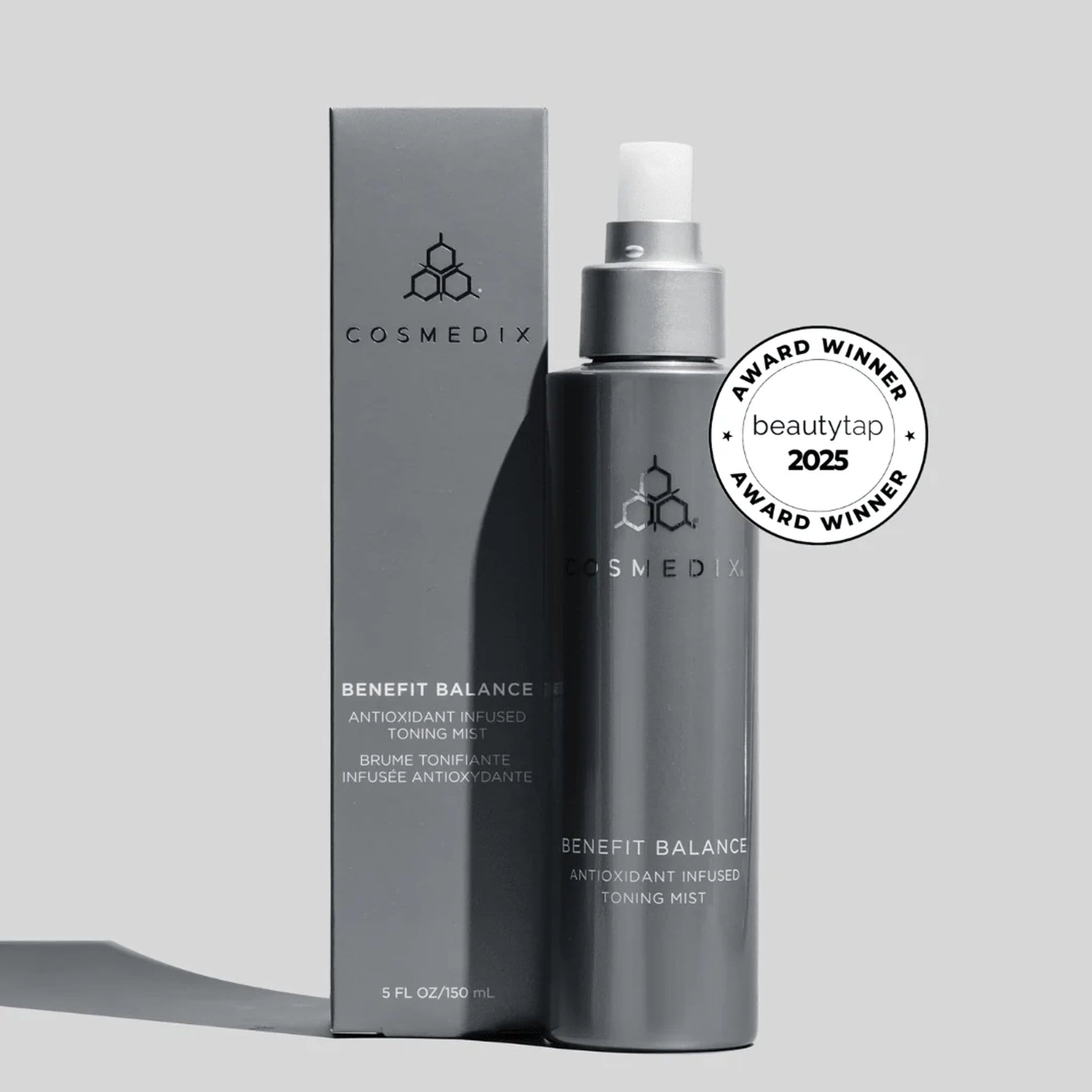 Cosmedix Benefit Balance toning mist bottle with packaging box and 2025 award badge